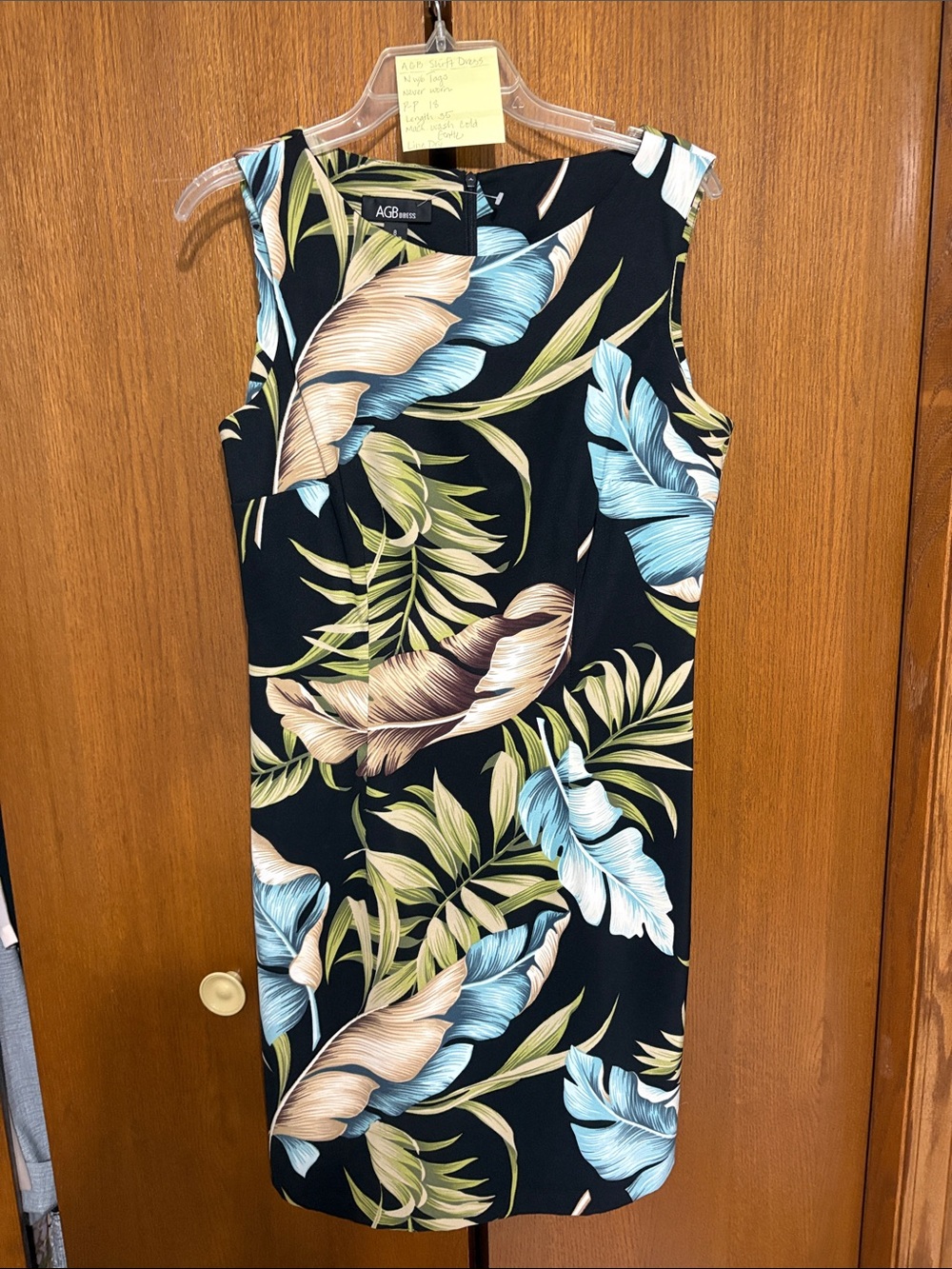 AGB Black Tropical Leaf Midi Dress with Blue and Cream Accents